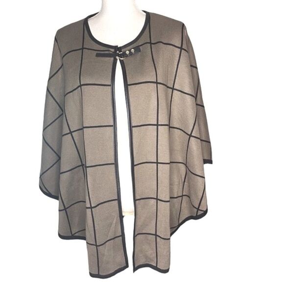 White House Black Market Wm’s Sz Med Brown Black Grid Snap Closure Drape Coat - Picture 1 of 4